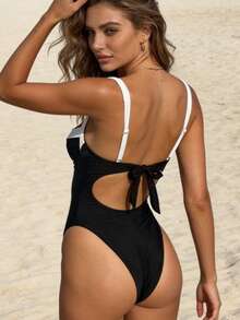 Womens Swimsuit Sleeveless Contrast Color Patchwork Design Push Up Full Coverage Tummy Control Bathing Suits - Negro - Ver 2