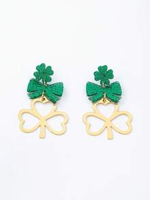 1 Pair Elegant Minimalist Clover Design Long Earrings, Suitable For St. Patrick's Day Party, Banquet And Daily Wear - Yellow Gold - View 4