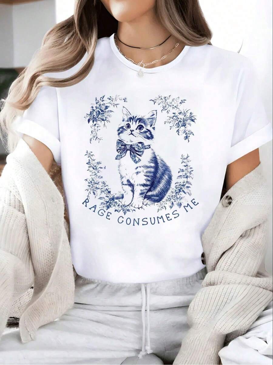 Rage Consumes Me Moody Aesthetic Cat Art Crew Neck Short Sleeve T-Shirt, Casual Print Graphic Cotton Tees Women Tops - White - View 1