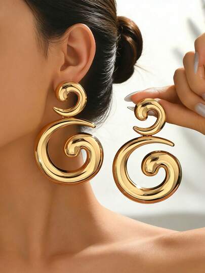 1 Pair Fashionable Exaggerated Personalized Gold Spiral Geometric Pendant Earrings, Suitable For Women's Daily, Party, Wedding Wear, Elegant Design, Versatile Jewelry