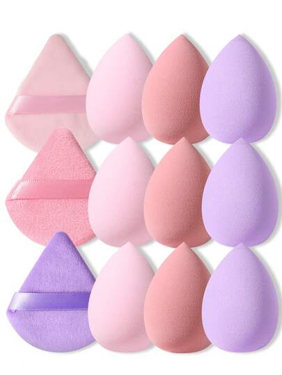 12PCS Makeup Tools Set: 9PCS Non-Absorbent Blending Sponges + 3PCS Soft Triangle Powder Puffs – Dry & Wet Dual-Use For Base & Setting Makeup