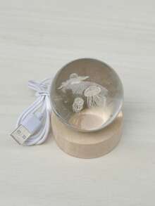 1个木质底座水母海洋生物造型发光水晶球装饰品，桌面摆件，生日礼物 - 卡其色 - 查看 5