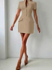 Vestido de blazer formal de negocios elegante con cintura ceñida, adecuado para uso diario, oficina, viajes de verano - Caqui - Ver 3