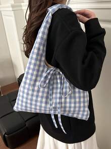 时尚甜美格纹高端简约包包，2026新款复古风女士大容量包 - 藍色 - 查看 5