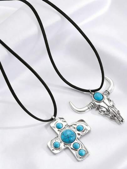 Vintage Statement Western Style Braided Turquoise Bull Head & Cross Pendant Necklaces For Women ,Ideal For Daily Casual , Vacation, Festival Wear, Gifts For Women, Jewelry Women, Best Friend Gifts Women