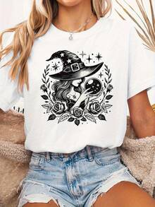 Camiseta casual de manga corta para mujer con estampado de sombrero de bruja y bola de cristal - Camiseta gráfica negra y blanca, cuello redondo, ligera y fresca para el verano, i para atuendos informales, regalos festivos y atuendos festivos Diseño de bruja de dibujos animados Camiseta ligera, i para Halloween - Blanco - Ver 2