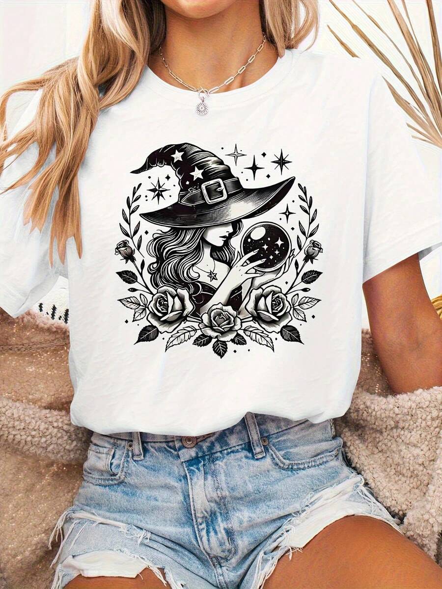 Camiseta casual de manga corta para mujer con estampado de sombrero de bruja y bola de cristal - Camiseta gráfica negra y blanca, cuello redondo, ligera y fresca para el verano, i para atuendos informales, regalos festivos y atuendos festivos  Diseño de bruja de dibujos animados  Camiseta ligera, i para Halloween