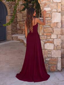 ADYCE Women's Spaghetti Strap Rhinestone Decor High Waist Slit Backless Mermaid Maxi Dress, Suitable For Formal Parties, Galas, Wedding Guests, Graduations, New Year And Other Occasions - Burgundy - View 2