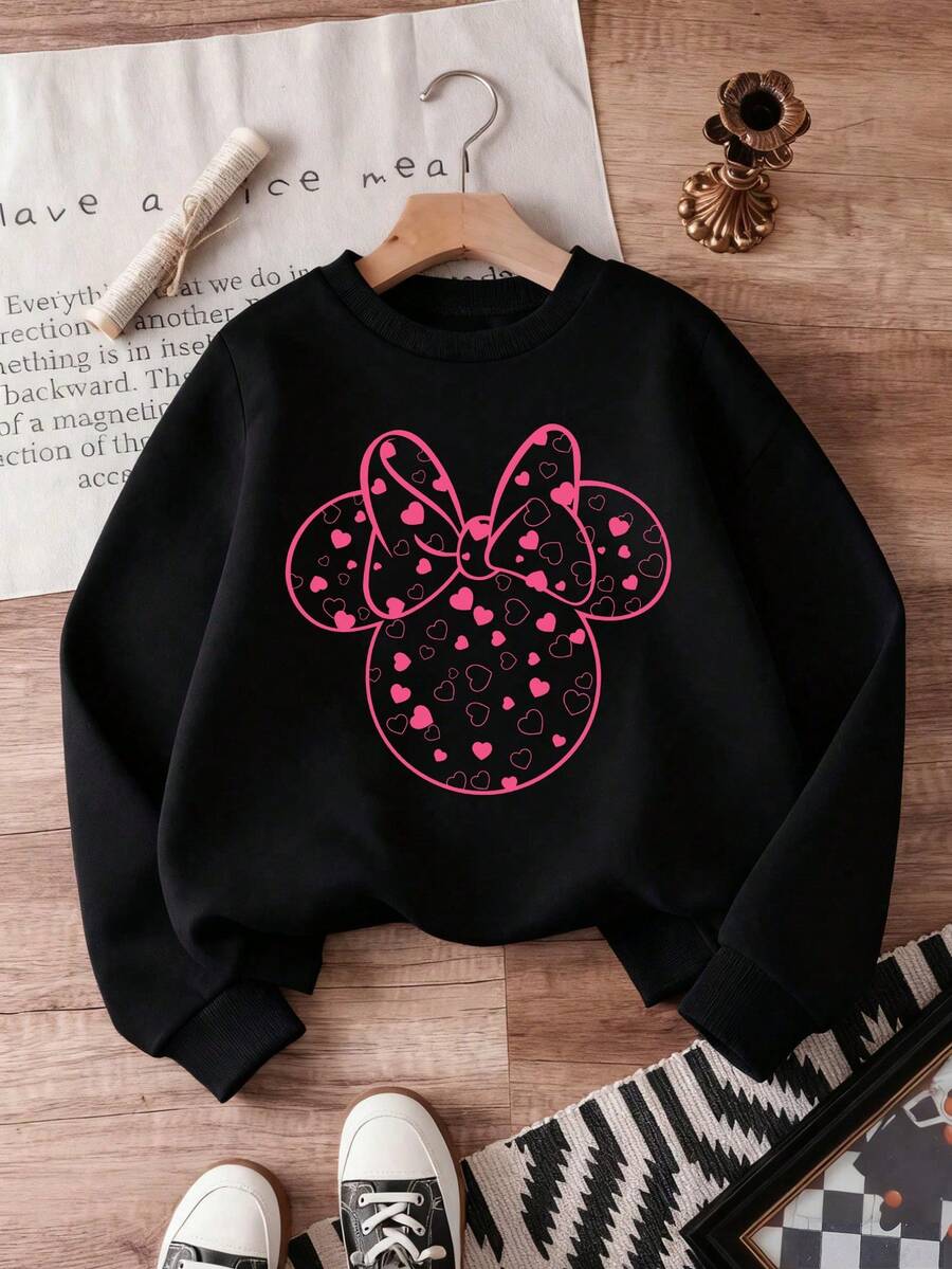 1pc Disney Valentine's Day Minnie Mouse Heart-Patterned Ear & Bow Graphic Tween Girls Cute Sweatshirt - Soft & Versatile, Ideal For Daily Wear & Valentine's Celebrations - 黑色 - 查看 1