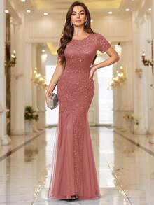 MIUSOL Vestido largo elegante de encaje con lentejuelas y contraste de malla con cola de pez, adecuado para fiestas formales, vacaciones, ceremonias de graduación y bodas - Rosa vieja - Ver 6