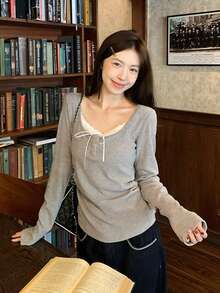 Lace Patchwork Long Sleeve T-Shirt, Sweet Undershirt - Grey - View 9