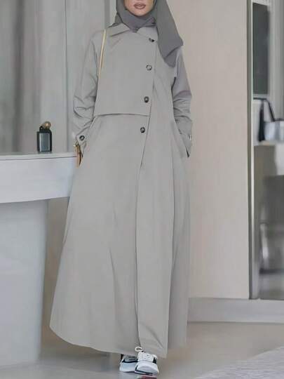Women's Solid Color Turn-Down Collar Single-Breasted Long Sleeve Abaya Windbreaker Long Coat Fashion Jacket Spring