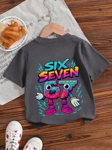 Young Girl Casual Graphic Print Crew Neck Short Sleeve T-Shirt, Summer Top - Dark Grey - View 4