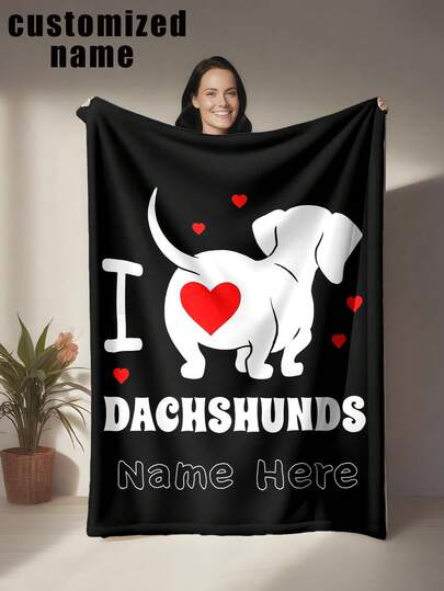 1pc Dachshund Theme Blanket, Black Background With White & Red Color Scheme, Featuring Dachshund Silhouette And Heart Pattern, Vibrant And Cute Style, Machine Washable, Polyester Fabric, Suitable For All Seasons And Occasions, Modern Digital Printed Multipurpose Blanket, Ideal For Mother's Day, Birthday, Valentine's Day, Graduation, Father's Day, Wedding, Housewarming, Can Be Used On Sofa, Bed, Car, Tea Room, Bedroom, Bathroom, Living Room, Dining Room, Office, Etc.