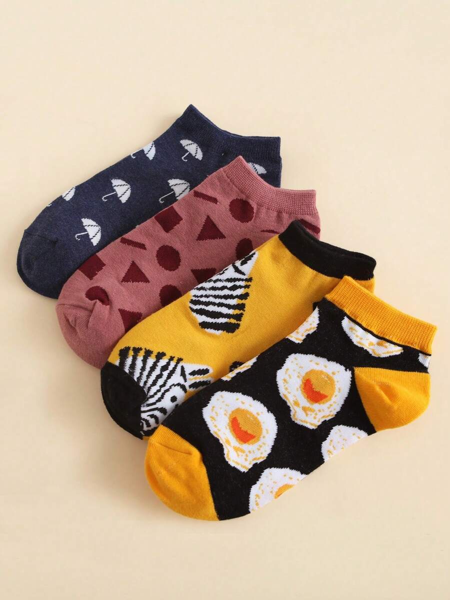 4双装女士休闲可爱鸡蛋图案短袜，春夏百搭 - 彩色 - 查看 1