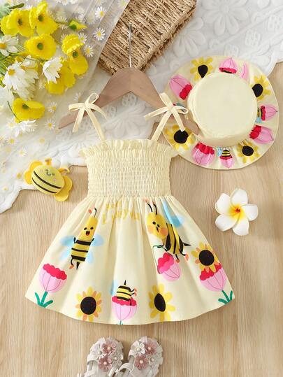 2pcs/Set Baby Girls Summer New Bee Print A-Line Loose Dress And Hat