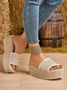 绳底坡跟厚底毛绒单带厚底时尚女鞋 - 銀色 - 查看 6