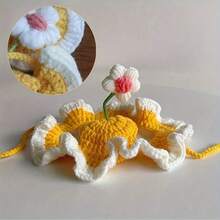 Knitted Pet Hat, Elegant Crochet Cat Hat With Rabbit Ear Ruffled Floral Decor, Suitable For Small/Medium Cats, Soft & Easy To Wear, Great For Birthday, Holiday, Travel, Photo Shoot, Adorable Pet Accessory - Multicolor - View 8