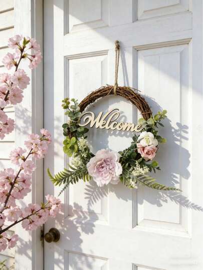 1pc Artificial Pink Peony & Rose Wreath Decor With Eucalyptus Green Leaves, Faux Greenery Wreath, Rustic Style Wall Hanging Decor, Suitable For Spring/Summer Home Decoration, Boho Style Door Wreath