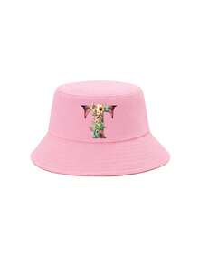 1顶女童粉色花卉字母图案渔夫帽，26个字母个性化时尚款，复古优雅轻便防晒，适合生日、节日、返校、四季休闲、户外、日常佩戴 - 粉色 - 查看 85