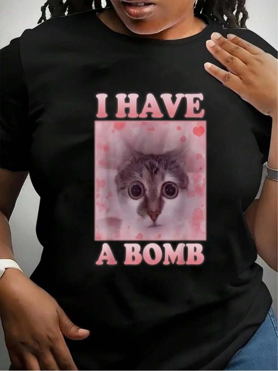 100% Cotton | Have A Bomb Funny Silly Cat MemeBrainrot Weird Dank Meme T-Shirt - Black - View 1