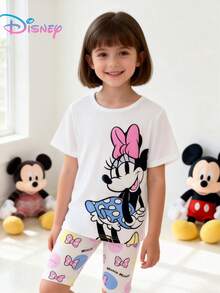 Disney 2pcs Tween Girls Minnie Mouse Print Short Sleeve T-Shirt And Polka Dot Bow Straight Leg Shorts Set, Soft & Comfortable, Girls Summer Casual Indoor/Outdoor Outfit - White - View 3