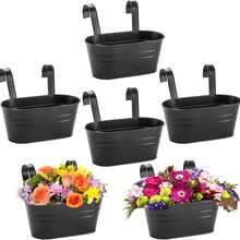 ID IDAODAN 6 Pack Hanging Flower Pots, Metal Iron Hanging Planter Plant Pot Holders For Railing Fence Balcony, Black Hanging Bucket Pots Outdoor Porch Decors With Detachable Hooks And Drain Holes - A - 查看 1