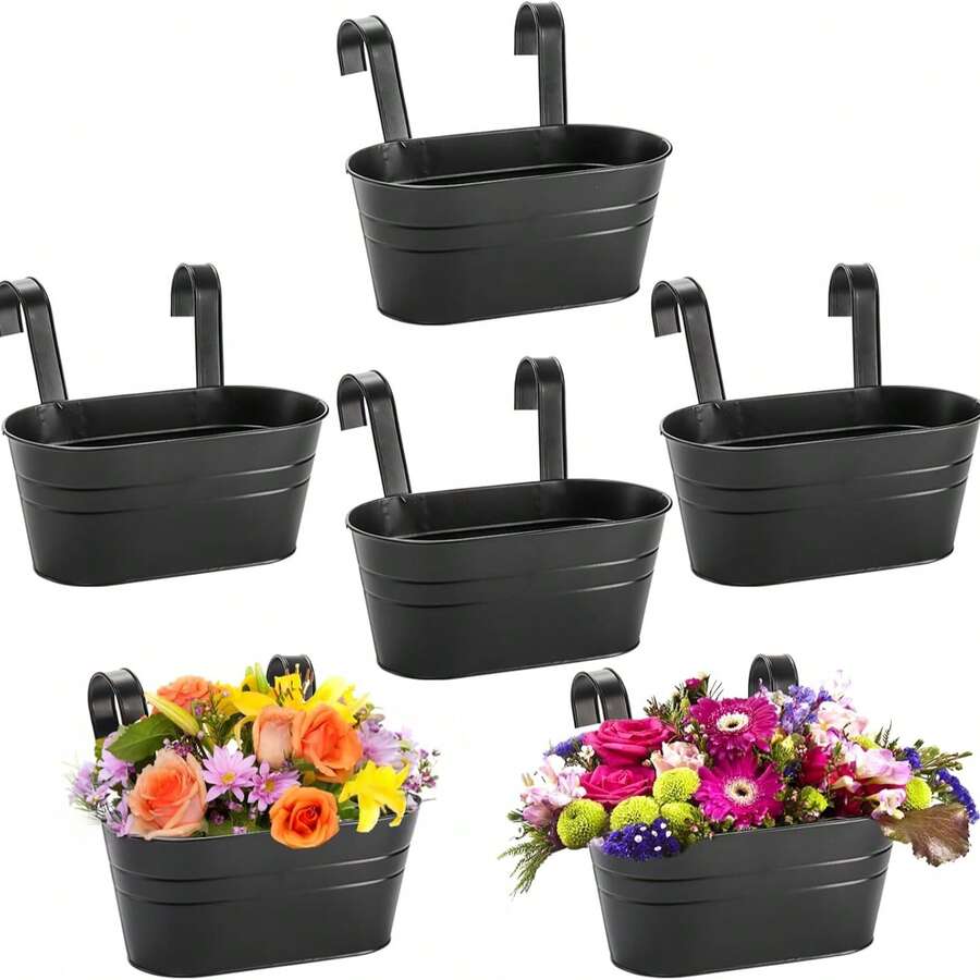 ID IDAODAN 6 Pack Hanging Flower Pots, Metal Iron Hanging Planter Plant Pot Holders For Railing Fence Balcony, Black Hanging Bucket Pots Outdoor Porch Decors With Detachable Hooks And Drain Holes - A - 查看 1