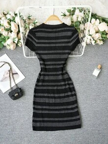 New Striped Knit Midi Dress For Women, Fitted Bodycon Style, Spring/Summer - Black Background With White Stripes - View 7