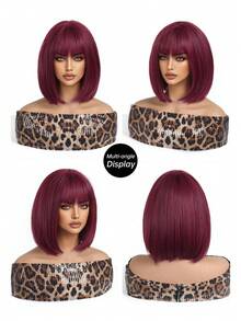 时尚12英寸橙色短波波头假发，适合女性 - 新手友好，耐热合成纤维，带刘海，适合日常佩戴和角色扮演 - 酒紅色 - 查看 4