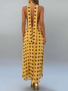 Vestido de mujer con cuello halter, cuello vuelto, estampado de lunares, con lazo en la espalda, vestido de fiesta y bufanda sin espalda, conjunto para club de playa, ropa de calle - Amarillo - Ver 2