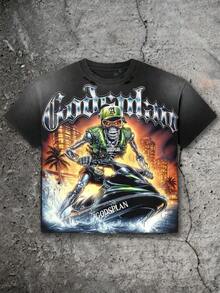 Skeleton Jet Skier, Tropical City Background, Water Splash Effect, American Street, Cyberpunk, Gothic Font Print T-Shirt,  Boy's Summer Round Neck Short Sleeved Casual T-Shirt - 黑色 - 查看 2