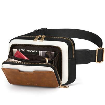 NEWHEY 男士腰包，男女通用真皮腰包，防水多功能斜挎包，可调节肩带复古胸包，适合工作、跑步、旅行和聚会，黑色和棕色配白色点缀可选