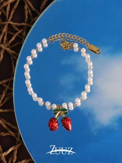 1pc Bohemian Vintage Stainless Steel Colorful Strawberry Pendant Bracelet For Women Pearl Chain Bracelet Jewelry Party Gifts , Suitable Daily Wear