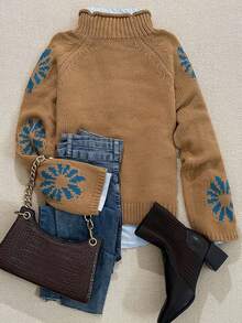 Autumn And Winter Fashion Casual Comfortable Warm Apricot Flower Pattern Knit High Neck Long Sleeve Loose Sweater Pullover - Màu Mù tạt vàng - Xem 9