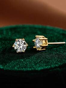 一对 0.1克拉-2克拉 六爪镶嵌莫桑石耳钉 S925纯银 优雅经典订婚礼物 女士礼物 精致婚礼新娘首饰 - 金色 - 查看 2