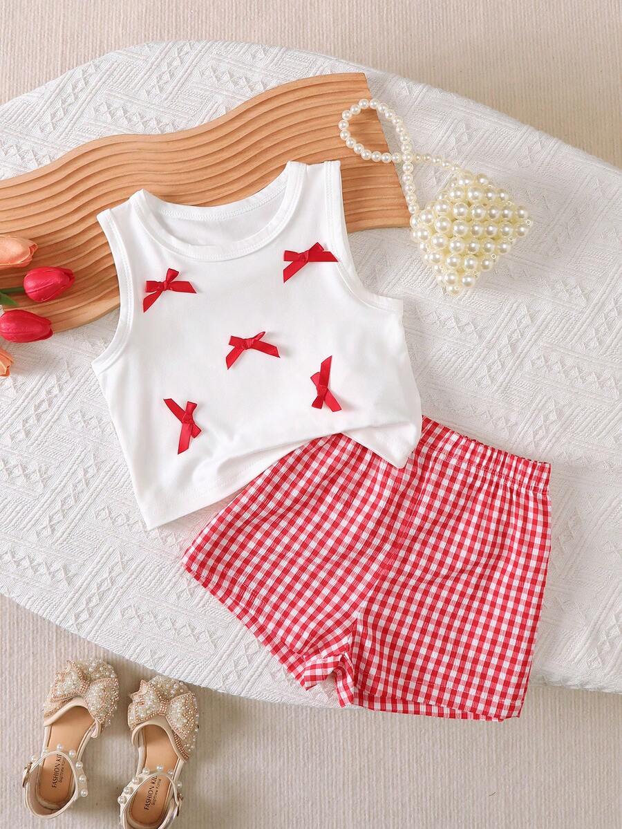 2pcs/Set, Girls' Summer Outfit With 3D Bow Decor Camisole Top And Contrast Plaid Shorts, Fashionable Summer Outdoor Wear, Perfect Matching - Red - View 1