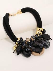 1pc Vintage Bohemian Style Woven Rope, Acrylic Butterfly & Flower Wooden Hoop Pendant Necklace, Suitable For Women's Casual Daily Wear - Black - View 3