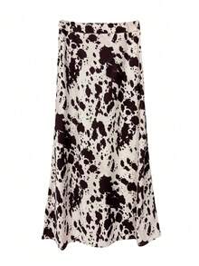 Falda midi de línea A casual y elegante para mujer, con un patrón único de estampado de vaca, de tela de poliéster sin estiramiento - Blanco - Ver 3