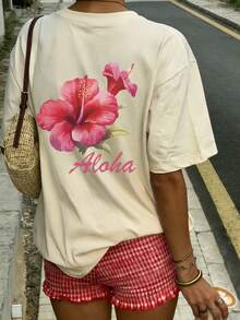 夏季新款时尚玫红色热带花卉印花休闲圆领短袖T恤，时尚百搭女式上衣 - 淺杏 - 查看 6