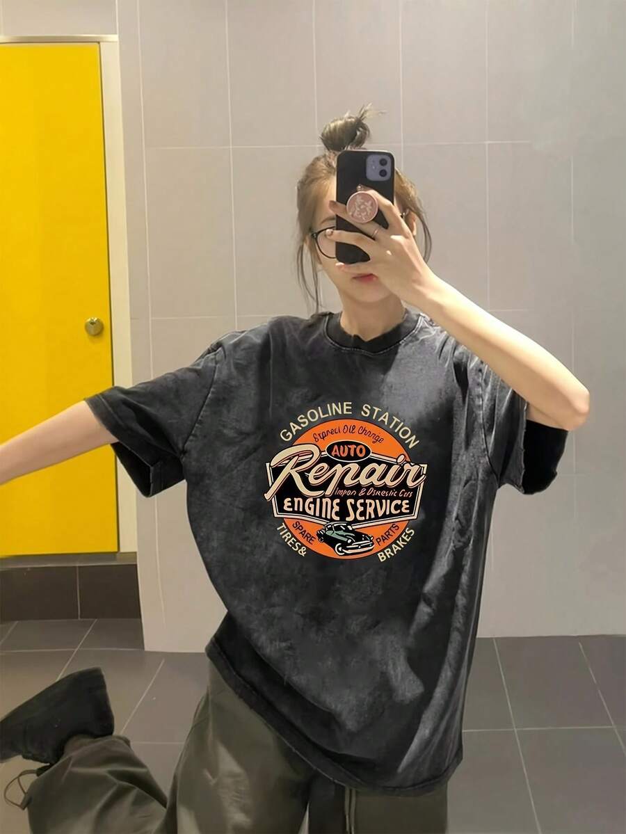 Women's Round-Neck Short-Sleeve T-Shirt, New Summer Car Pattern And Letter Print, Fashionable Casual Versatile Loose Top - Black - View 1