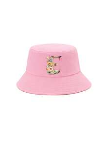 1顶女童粉色花卉字母图案渔夫帽，26个字母个性化时尚款，复古优雅轻便防晒，适合生日、节日、返校、四季休闲、户外、日常佩戴 - 粉色 - 查看 64