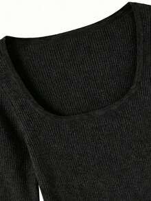 Korean Style Sexy Slim Fit Square Neck Long Sleeve Knit Sweater Top, Autumn/Winter - Black - View 9
