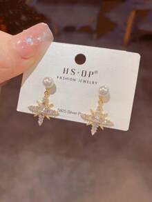 1 Pair 925 Sterling Silver Fully Paved 8-Pointed Star Pendant Pearl Earrings, Elegant Design Fashionable Daily Wear Jewelry, Suitable For Music Festival Party Gift - Gold - View 5