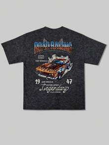 Men's Fashionable Casual Street Style Rock Rap Singer Style Loose Washed Cotton Short-Sleeved T-Shirt | Racing Element Print | Exquisite Design | Spring And Summer Must-Have | Versatile And Easy To Wear, Showcasing Your Personal Style. - Black - View 7