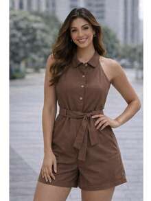 Women's Short Jumpsuit, Regular Fit, With Belt, Louis Twill Fabric, Buttons Down The Front, Vacation Style. - Nâu sẫm - Xem 2