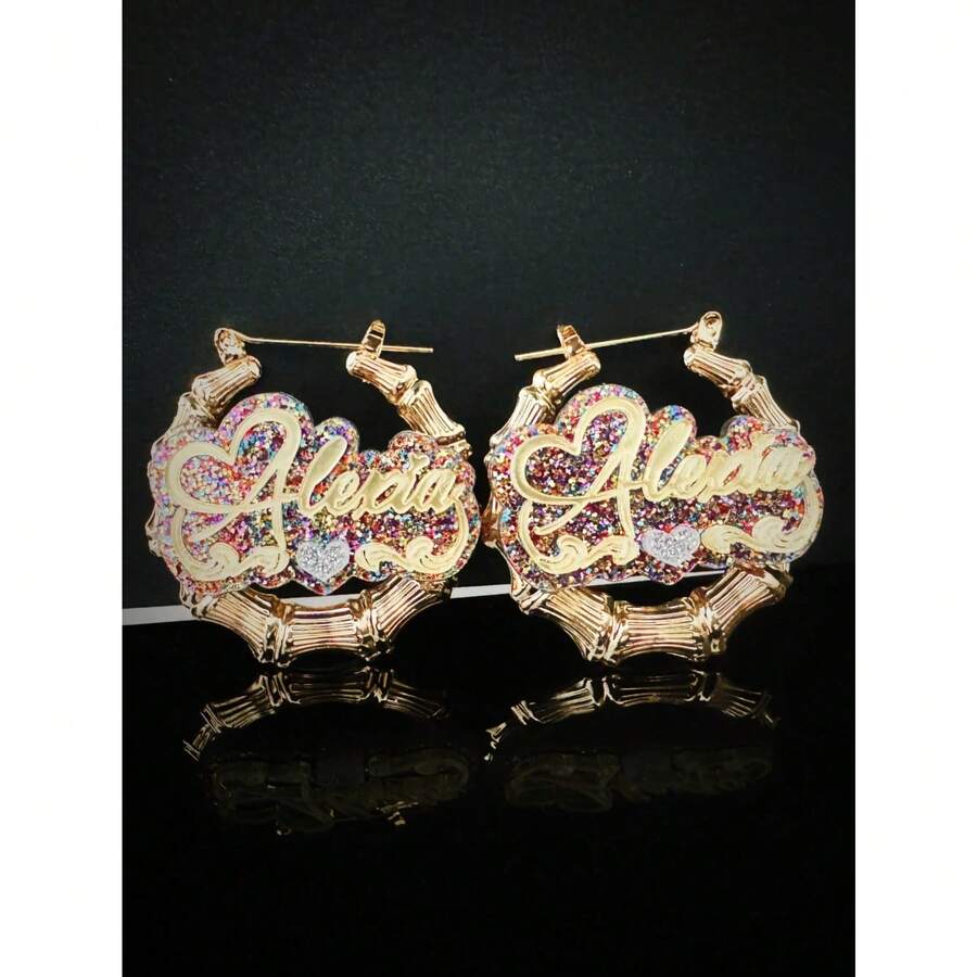 Customized Rainbow Acrylic Name Circle Bamboo Shape Earrings, Personalized 40mm Bamboo Hoop Earrings Name Plate For Women, Gift - Mirror Golden Yellow/bright Pastel-round Bamboo 40mm-heart - View 1