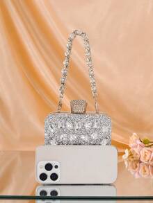 1个银色亚克力水钻装饰女士晚宴包，搭配A级钻石金属链，闪亮皇冠装饰盒形钱包，完美迷人，新娘钱包，适合婚礼、派对、舞会、夜店、生日礼物、情人节礼物、聚会、单肩包、手提包、手拿包、化妆包 - 銀色 - 查看 5