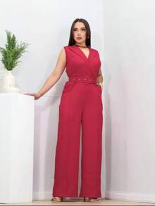 Amanda Jumpsuit With Wrap Style, V-Neck, And Belt, Tailored Fabric, Sizes M To XL - Đỏ - Xem 8