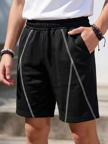 1 chiếc quần short ống đứng dáng rộng, thời trang thường ngày cho bé trai tuổi teen. - màu đen - Xem 1